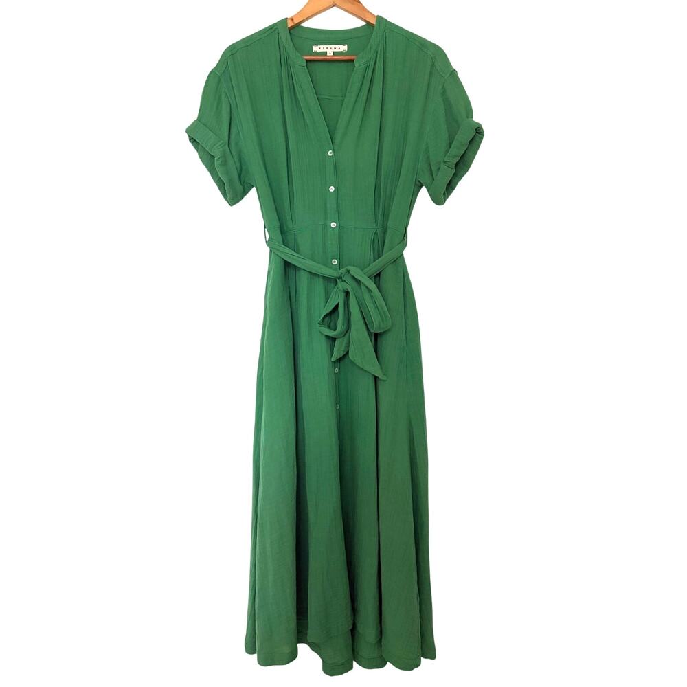 Xirena Cate Midi Shirt Dress Gauzy Cotton Size S Kelly Green V-neck Short Sleeve